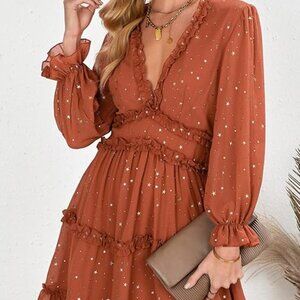 Women's Rust Glitter Stars Long Sleeve Mini Dress Sexy V Neck Backless Ruffle